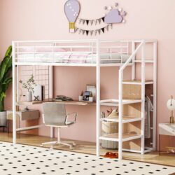 Twin Size Loft Bed With Desk And Grid, Stylish Frame With Lateral Storage Ladder And Wardrobe - White