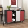Sideboard Buffet Cabinet With Doors And Unique Panel Styling - Black / Red - Image 2
