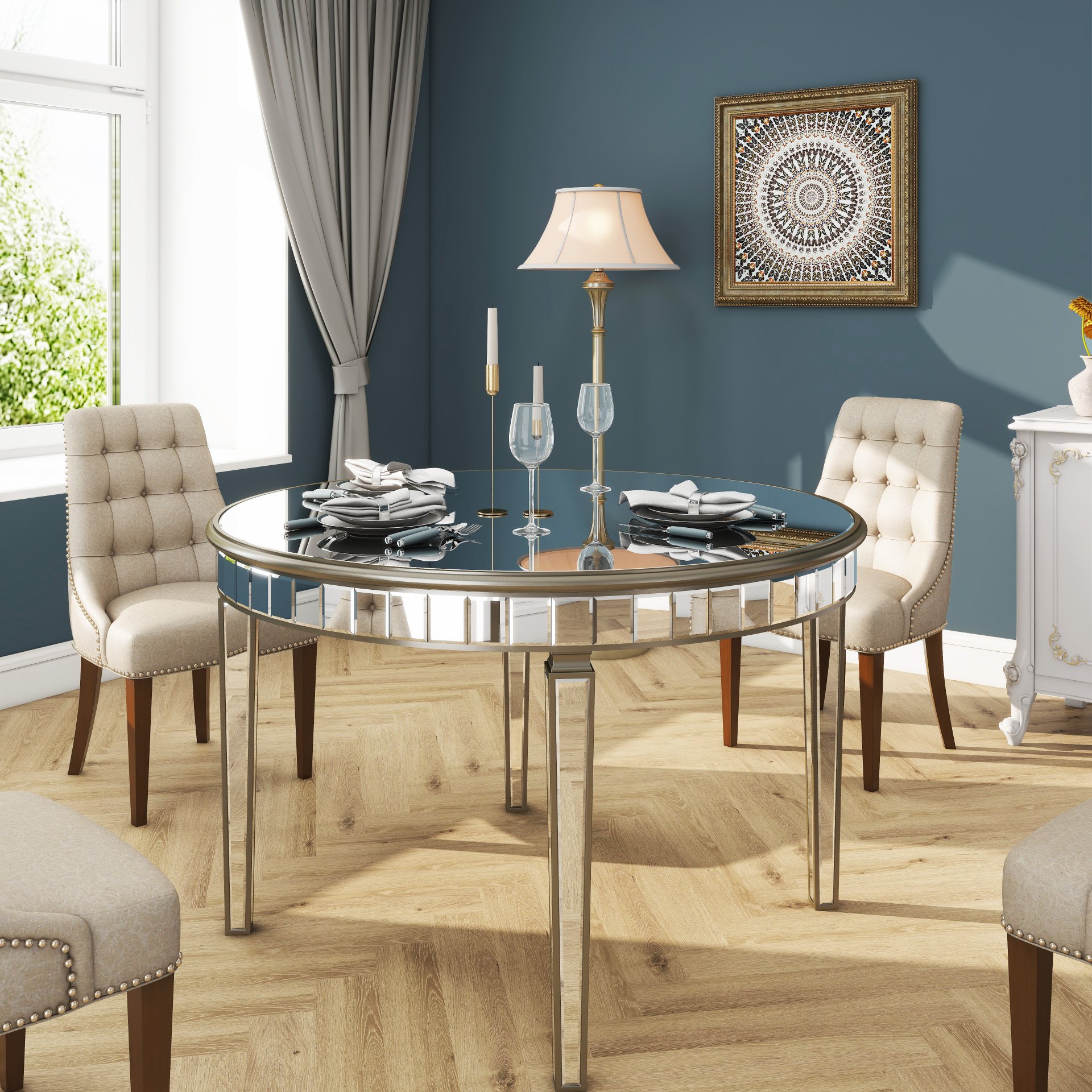 Round Glass Dining Table With Mirror Top - Silver - Image 10