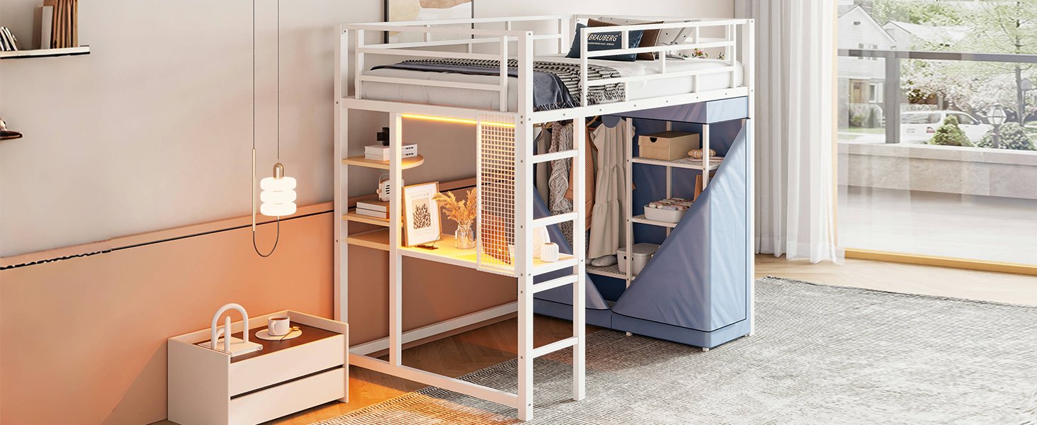 Twin Size Loft Bed With Desk, Shelves, Power Outlet, LED Light And Wardrobe - White - Image 24