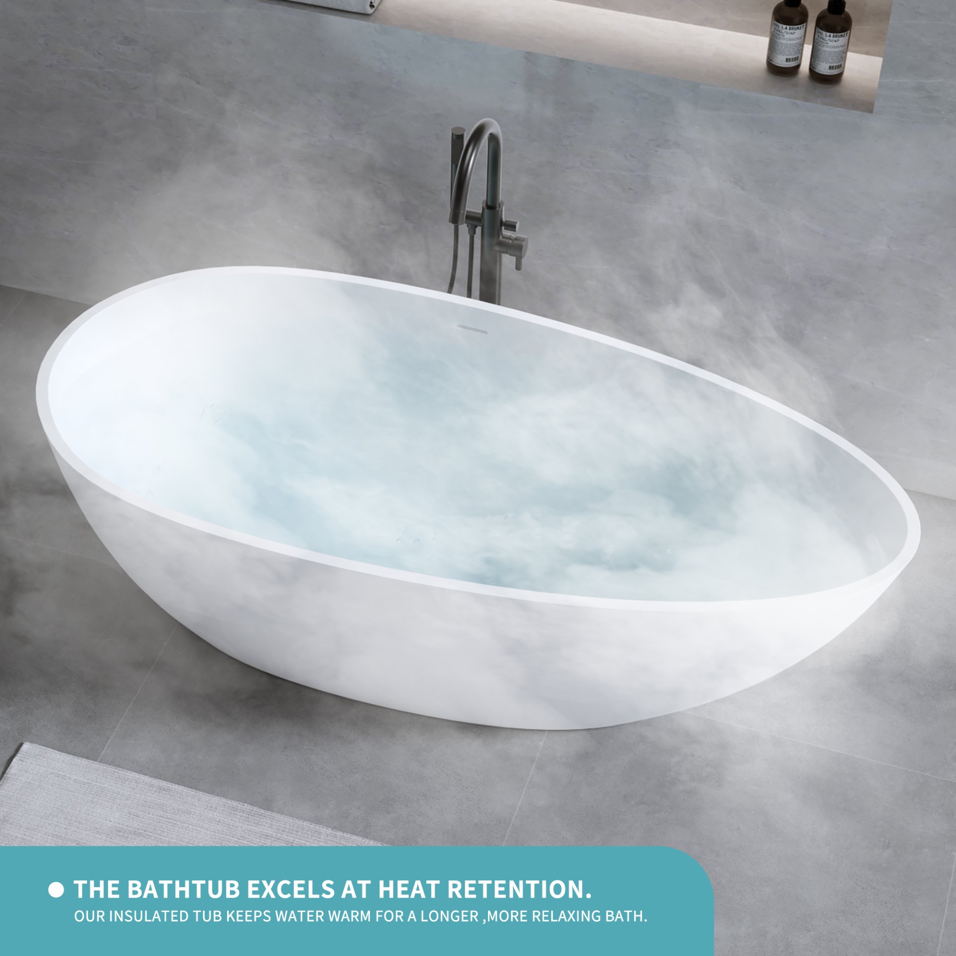 Solid Surface Matte Tub, Freestanding Solid Surface Resin Stone Bathtub, Solid Surface Matte White Soaking Tub, Free Standing Tub With Overflow And Pop-Up Drain - Matte White - Image 5