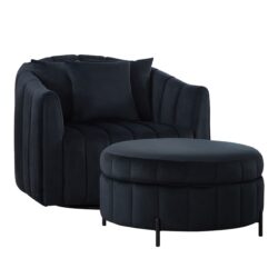 Oversized Swivel Barrel Accent Chair And Ottoman Set With Storage - Black