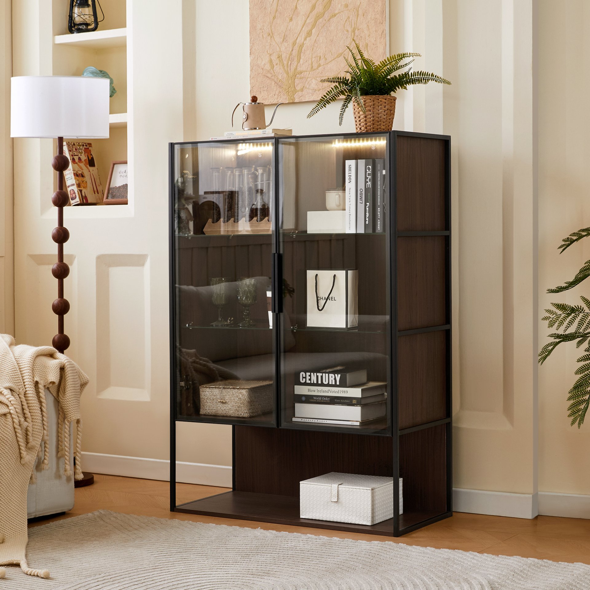 Modern Minimalist Tall Lighted Display Cabinet With Tempered Glass Door - Black / Dark Walnut - Image 5
