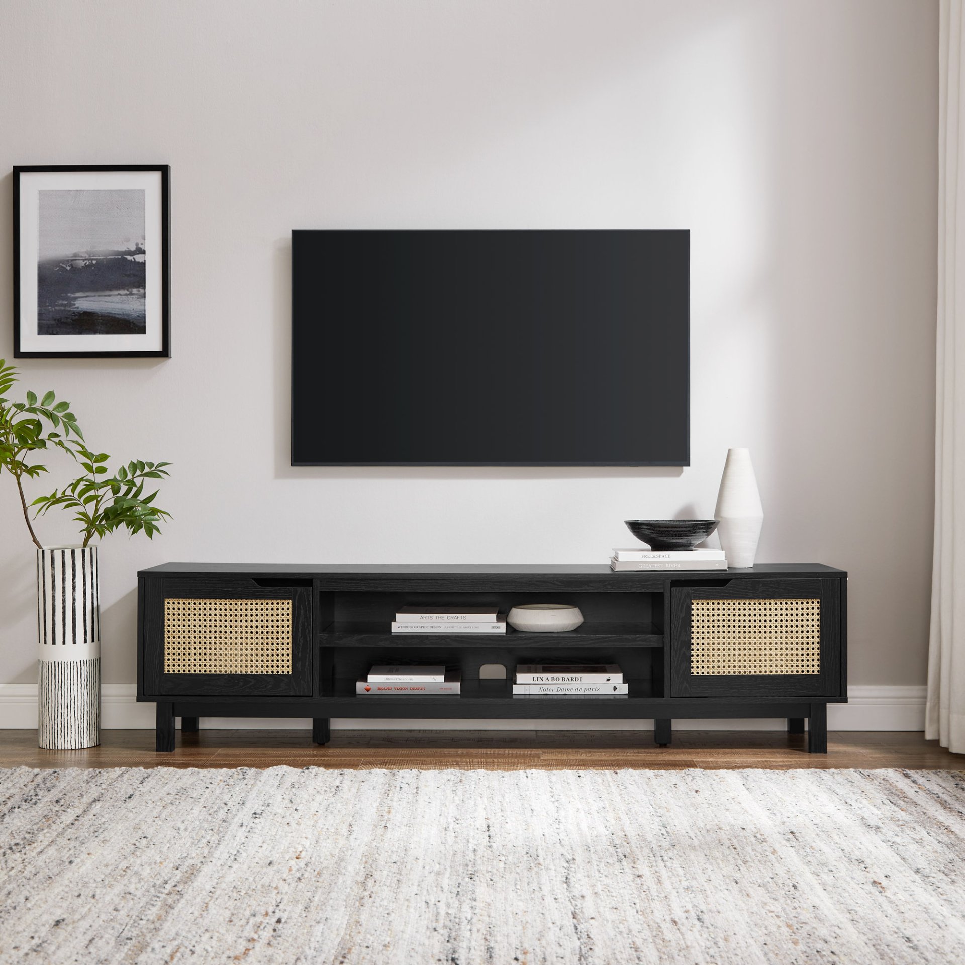 Modern Rattan Door Low TV Stand For TVs Up To 80" - Black - Image 4