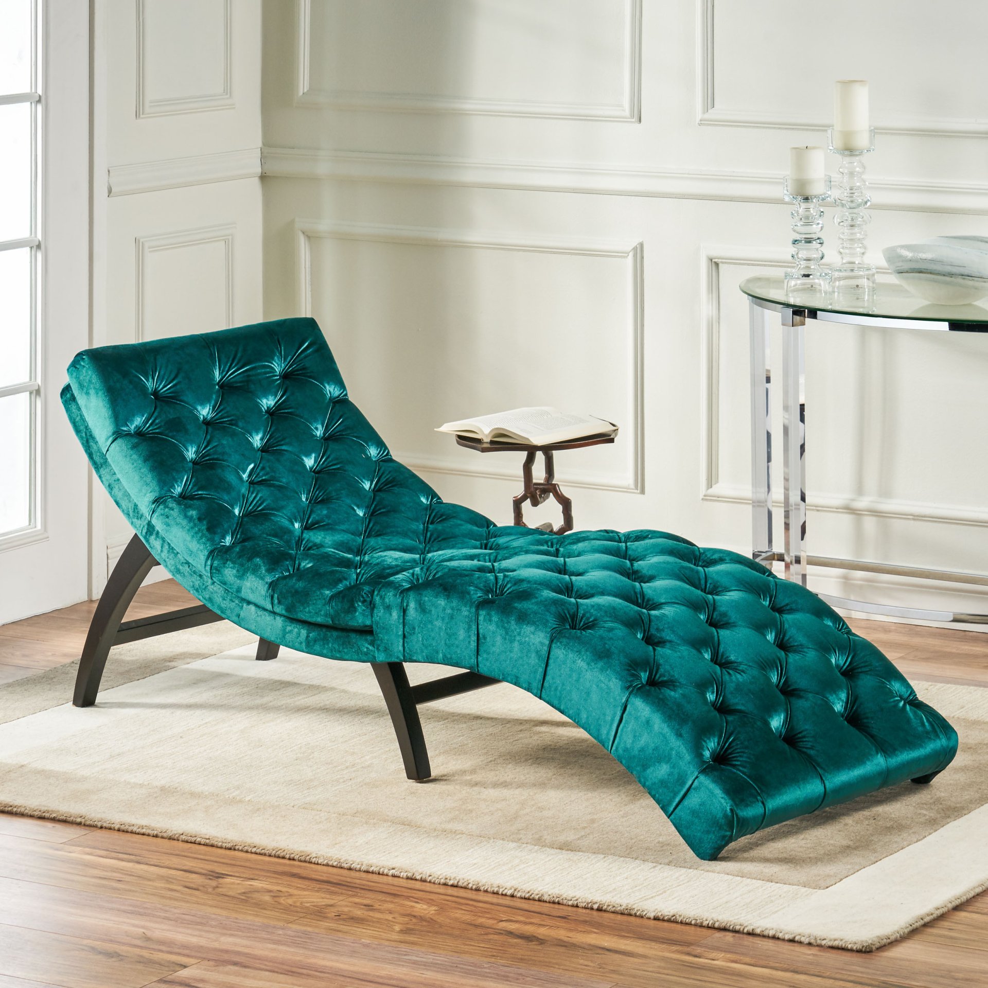 Elegant Tufted Chaise Lounge With Curved Design - Teal - Image 4