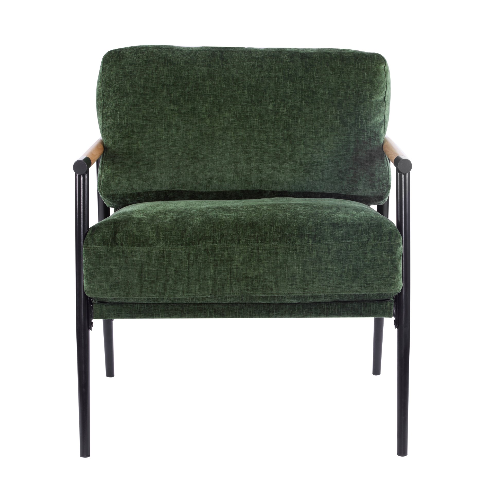 Modern Accent Chair With Plush Cushions, Minimalist Metal Frame, Wooden Armrest Design - Green - Image 6