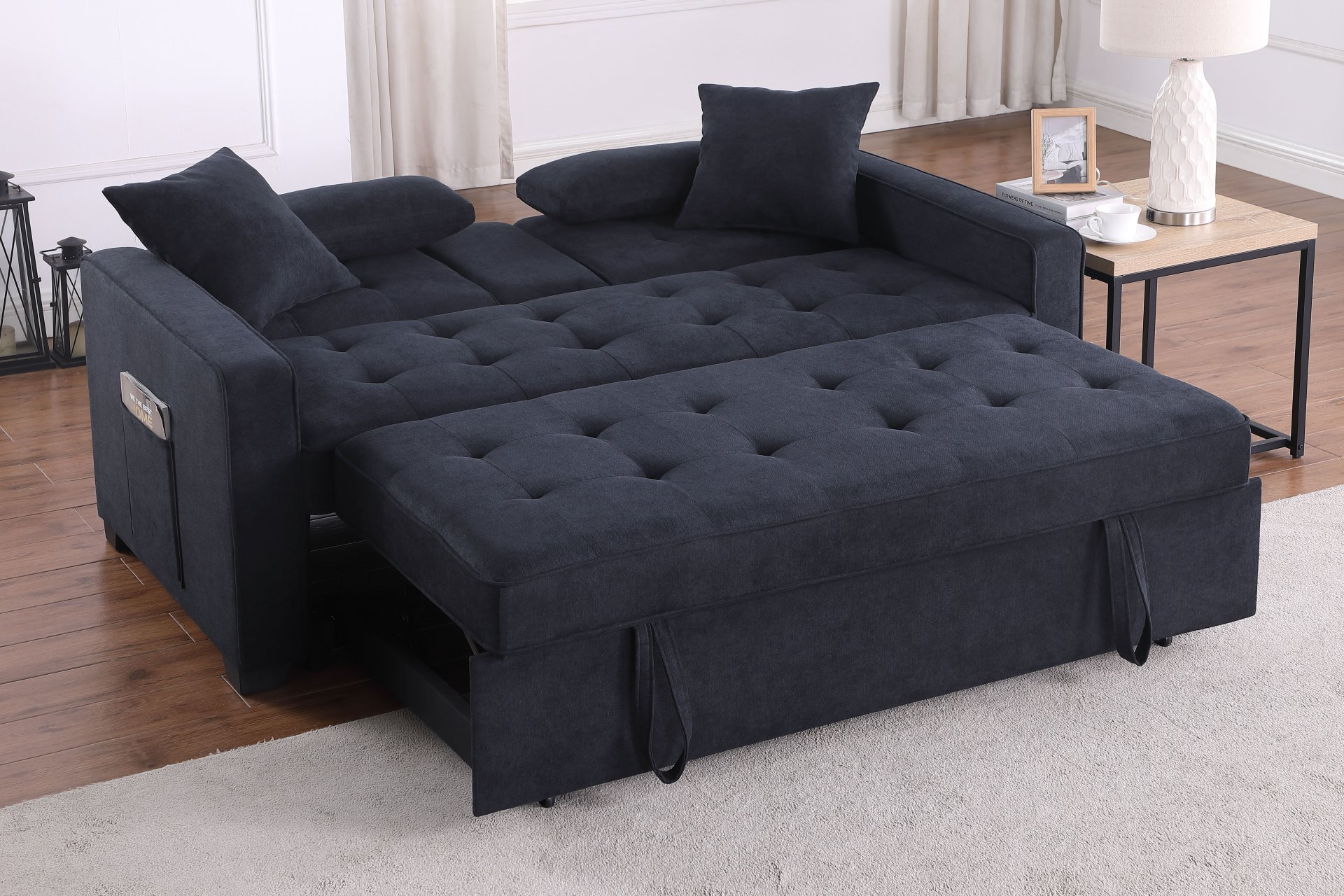 Cody II - Woven Fabric Convertible Sleeper Loveseat With Cup Holder, Charging Ports, Side Pocket, and Pocket Coil Seating - Dark Gray - Image 5