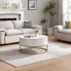 Modern Round Coffee Table With Drawers, Faux Marble, Metal Frame - Off White - Image 5