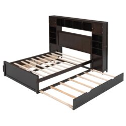 Full Size Bed With All In One Cabinet, Shelf And Sockets, Twin Size Trundle - Espresso
