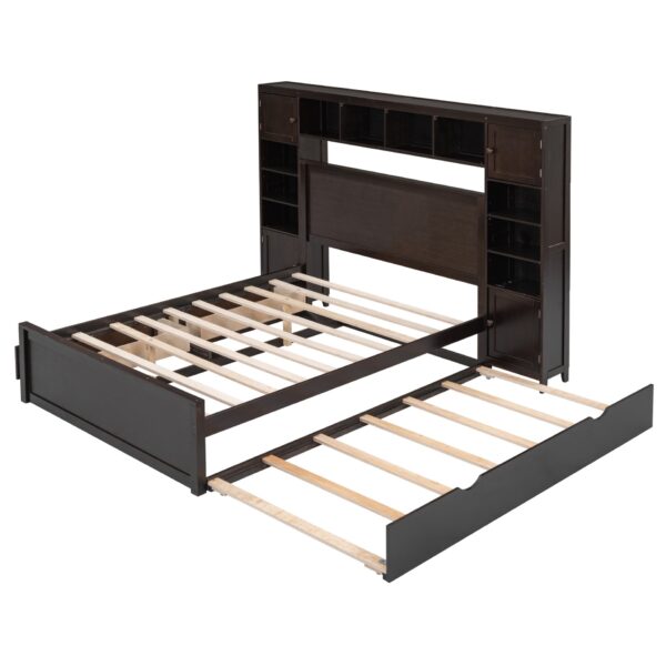 Full Size Bed With All In One Cabinet, Shelf And Sockets, Twin Size Trundle - Espresso