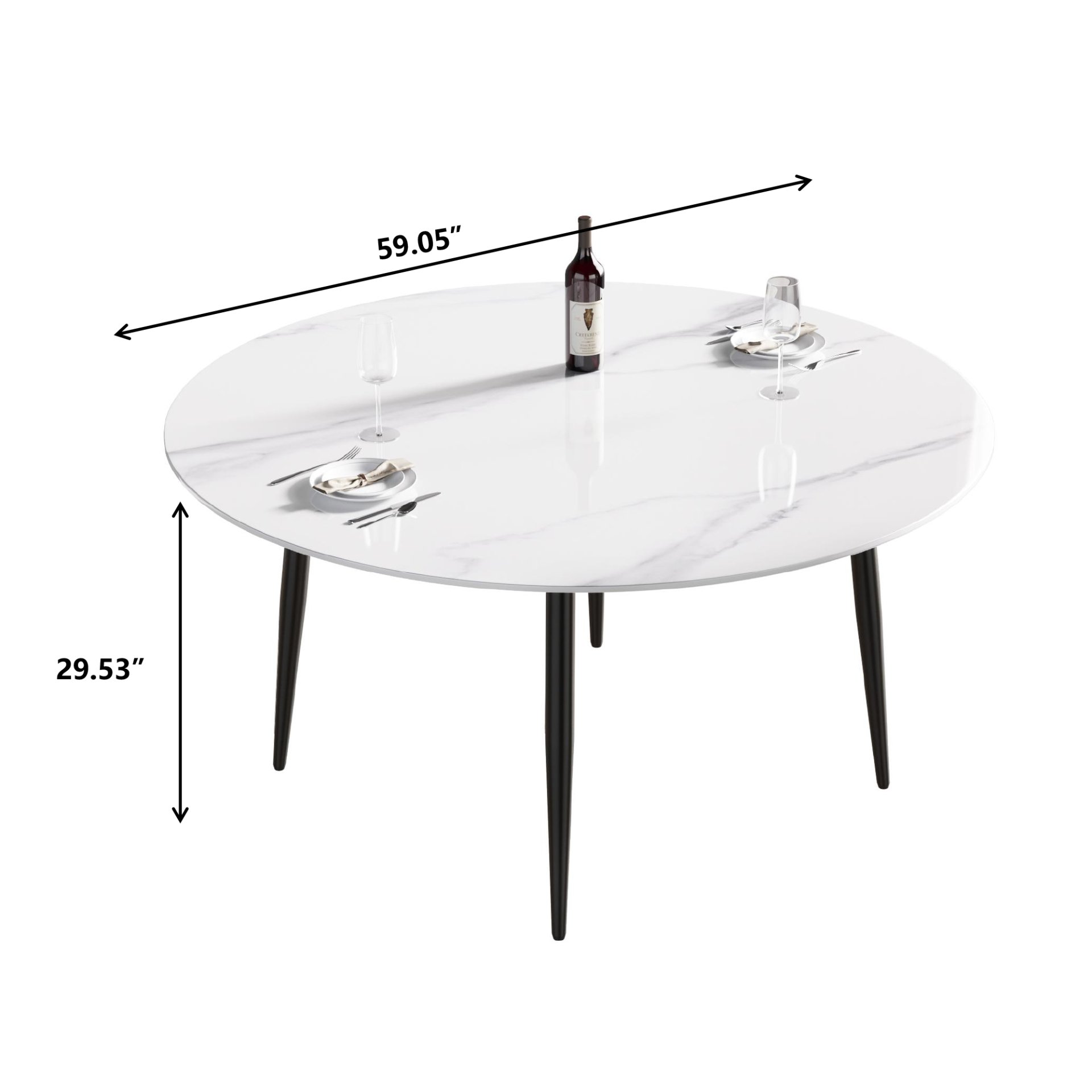 59.05" Modern Man-Made Stone Round Metal Dining Table-Position For 6 People - White / Black - Image 3