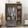 3 Doors Rattan Wardrobe Storage For Bedroom, With 2 Drawers - Gray / Nature - Image 12
