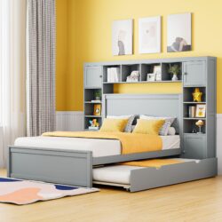 Full Size Bed With All In One Cabinet, Shelf And Sockets, Twin Size Trundle - Gray
