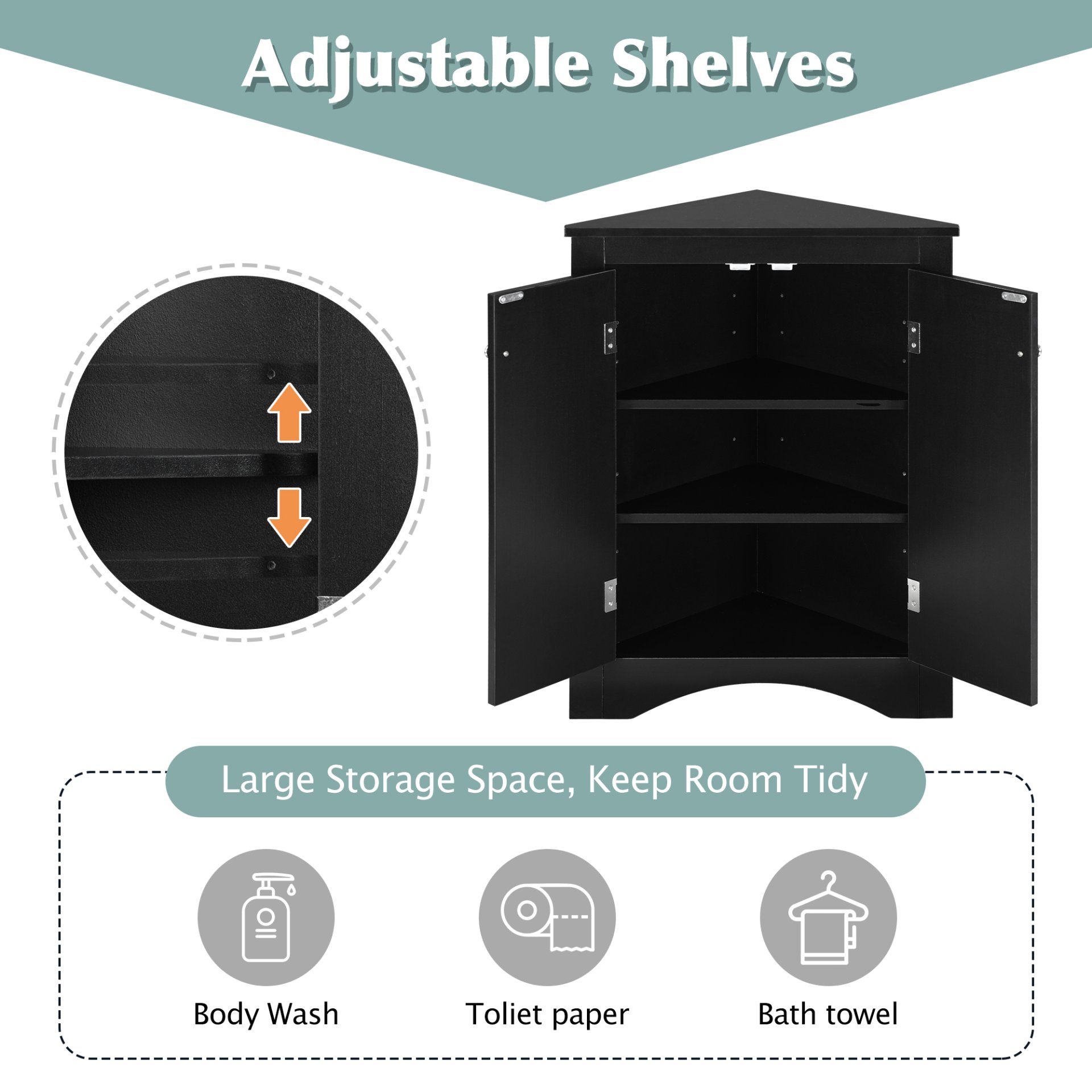 Triangle Bathroom Storage Cabinet With Adjustable Shelves, Freestanding Floor Cabinet For Home Kitchen - Black - Image 7