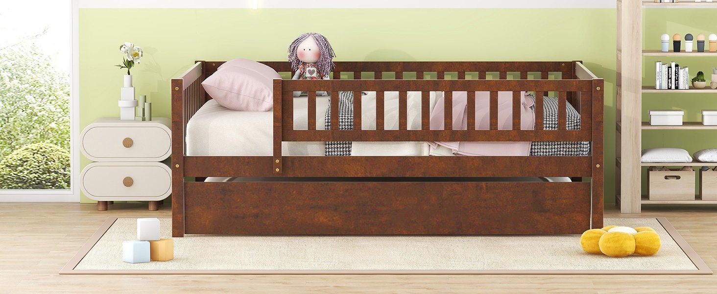 Full Size Daybed With Trundle And Fence Guardrails - Walnut - Image 18