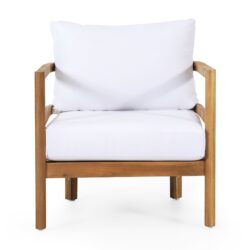 Outdoor Acacia Wood Patio Club Chair, Wood Patio Furniture, Waterproof Thick Cushion Deep Seating For Porch, Weight Capacity 400Lbs - Light Teak / White