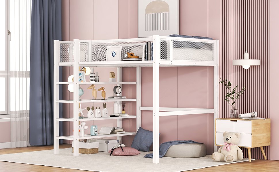 Twin Size Loft Bed With 4 Tier Shelves And Storage - White - Image 12