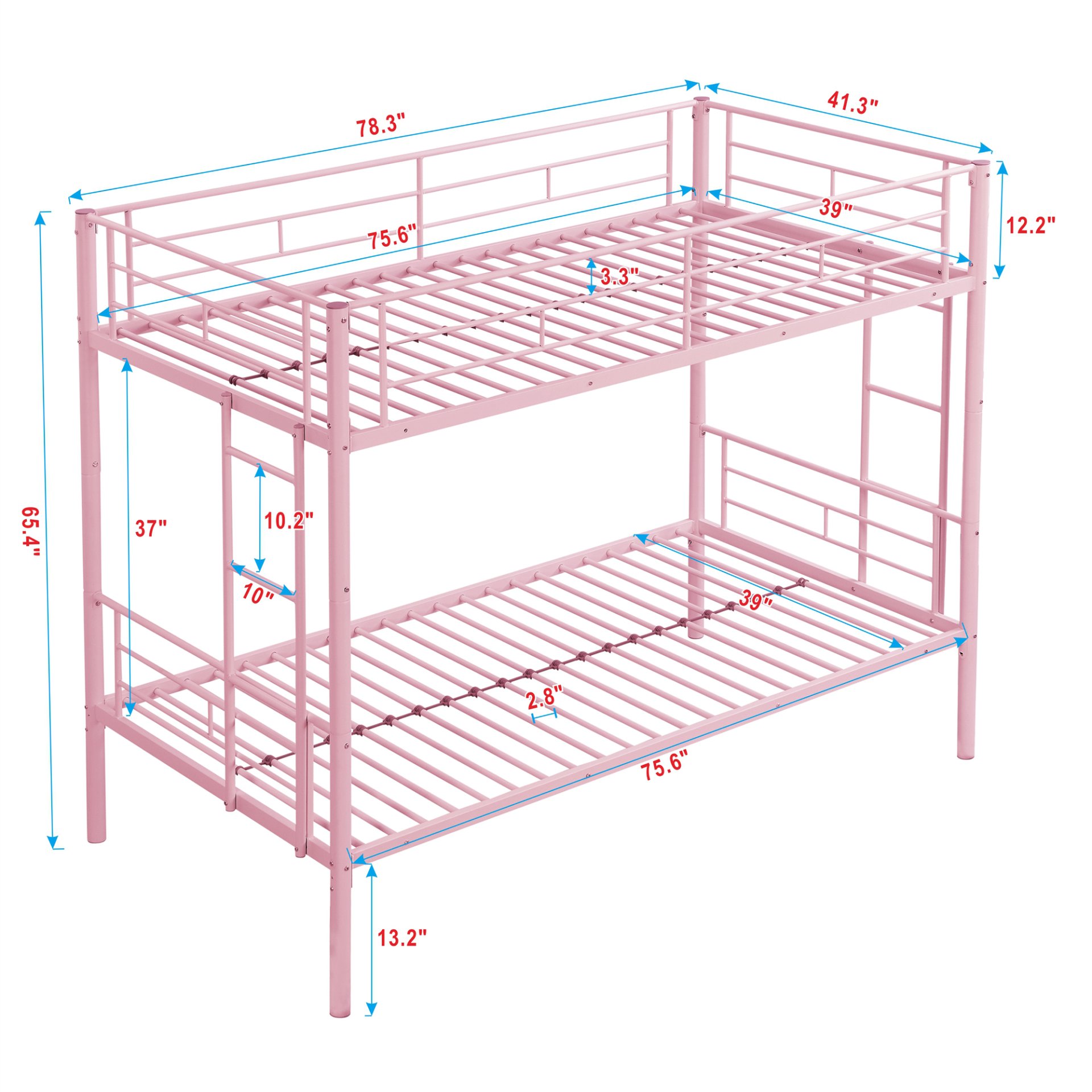 Modern Metal Bunk Bed With Trundle, Durable Steel, Twin Over Twin - Pink - Image 3