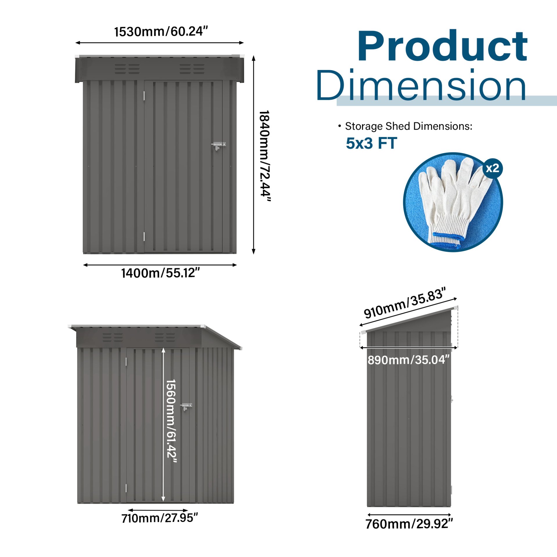 5 X 3 Ft Durable Metal Shed Outdoor Storage Shed With Pitched Roof And Lockable Door - Gray - Image 3