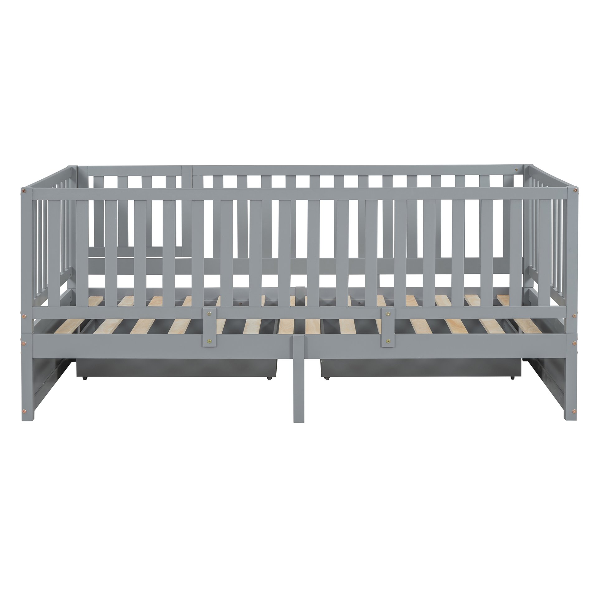 Twin Size Daybed With Fence Guardrails And 2 Drawers, Split Into Independent Floor Bed & Daybed - Gray - Image 21