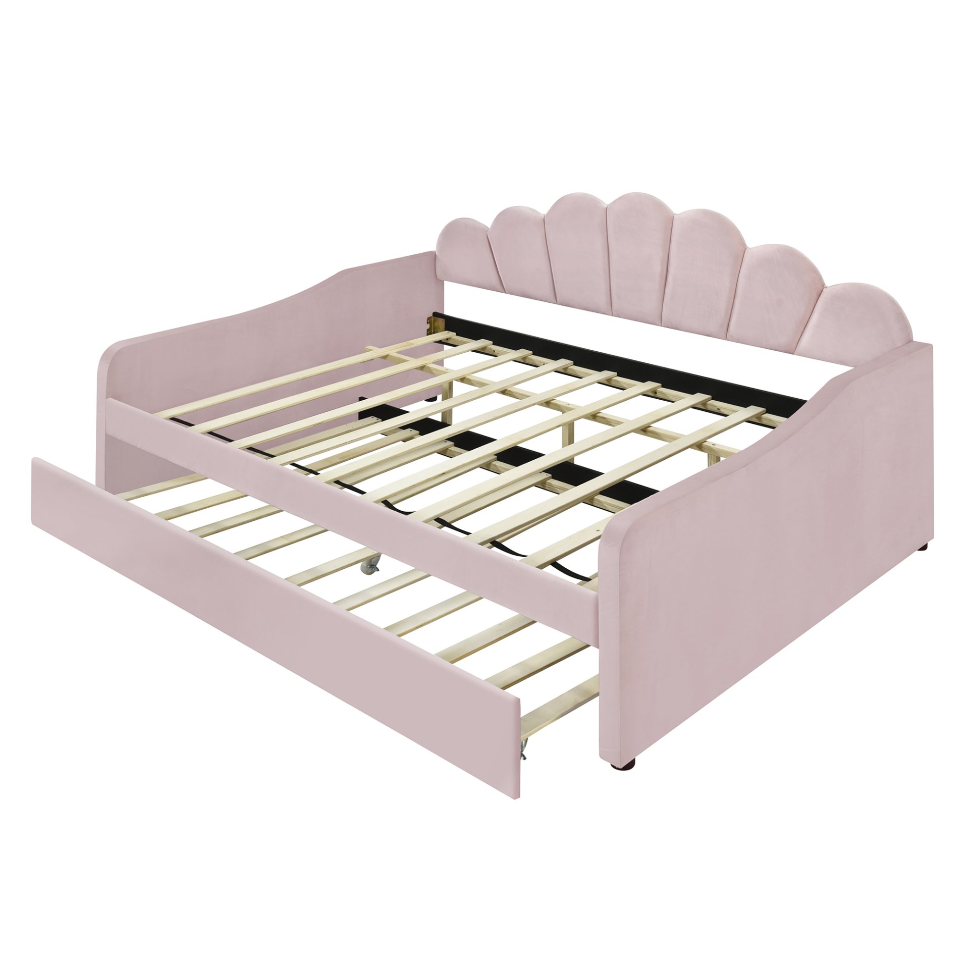 Full Size Upholstery Daybed Frame With Shell Shaped Backrest And Trundle - Pink - Image 9