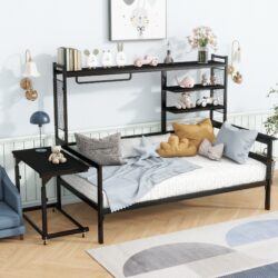 Twin Size Daybed With Movable Desk, Grid, Shelves And Clothes Hanger - Black