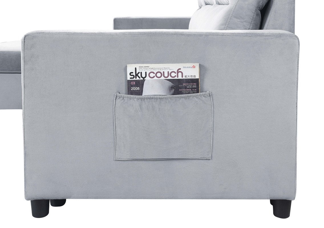 Ivy - Velvet Reversible Sleeper Sectional Sofa With Storage Chaise And Side Pocket - Light Gray - Image 5