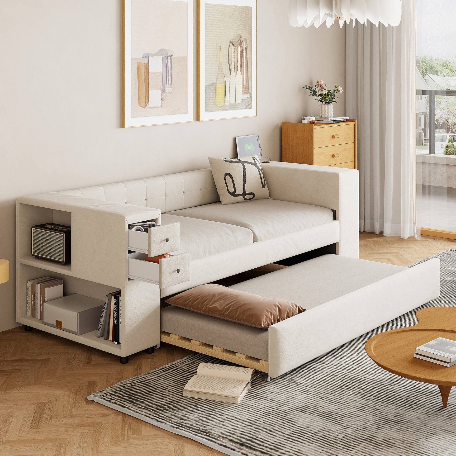 Twin Upholstered Bed With Storage And Twin Trundle, USB Charging Ports - Beige - Image 2