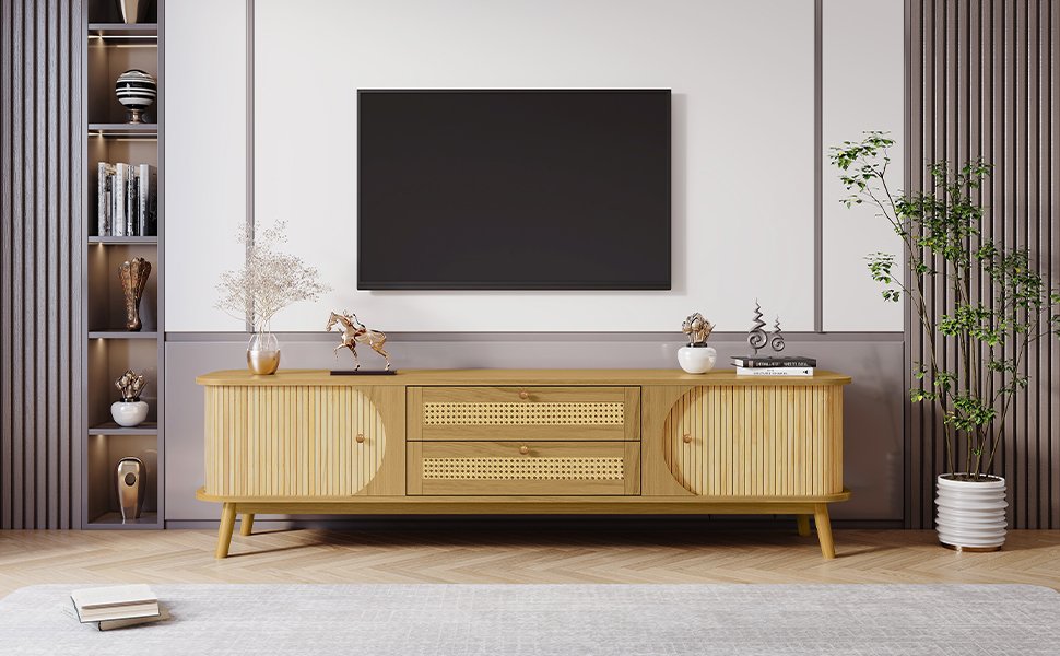 Rattan TV Stand For Tvs Up To 75'', Modern Farmhouse Media Console, Entertainment Center With Legs, TV Cabinet For Living Room, Home Theatre - Natural Wood - Image 21