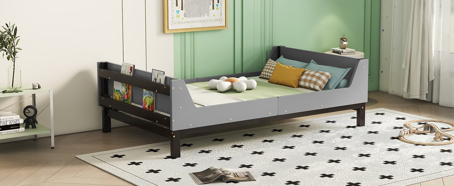 Twin Bed With Headboard, Footboard, Safeguards, Built-In Bed-End Book Storage Rack - Gray - Image 9