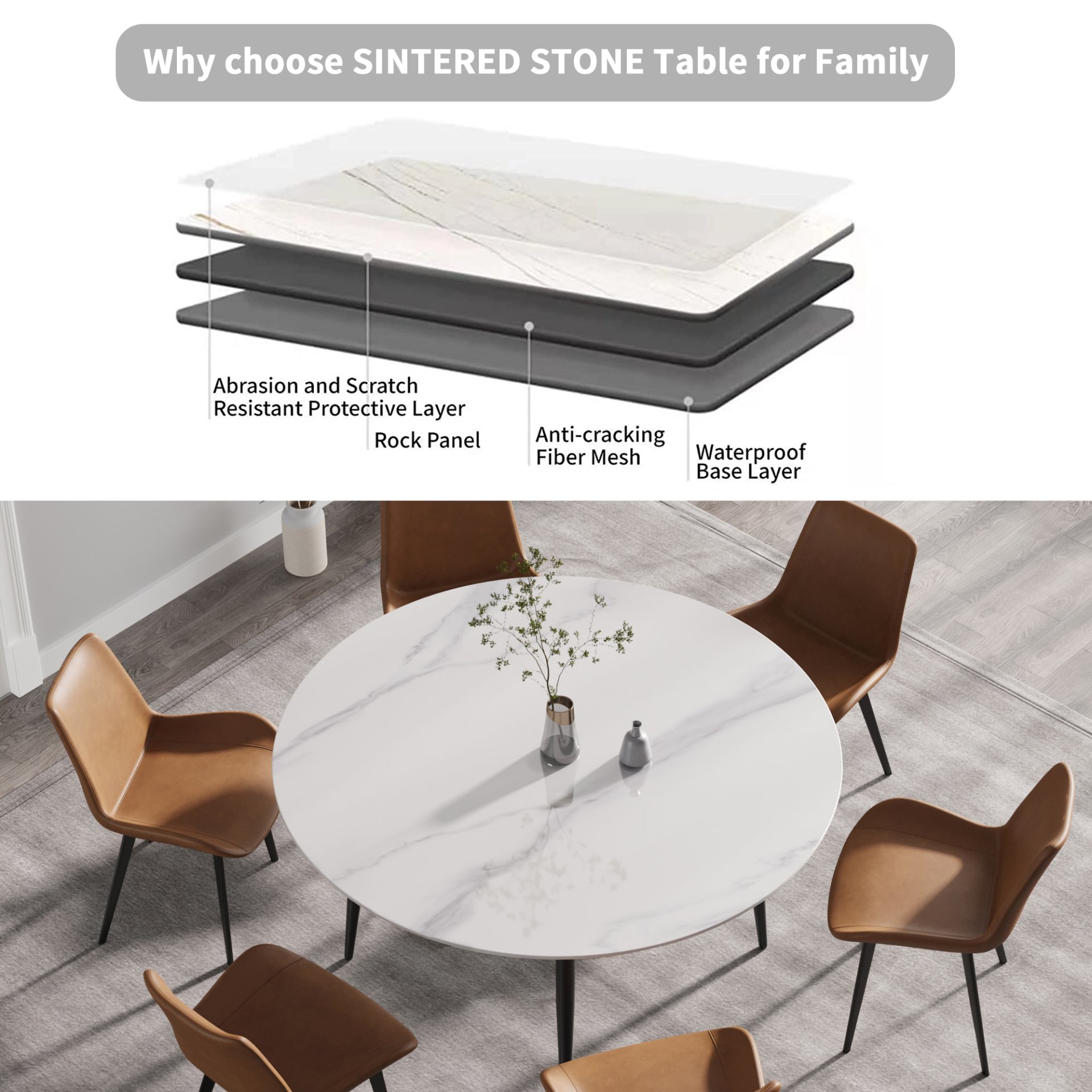59.05" Modern Man-Made Stone Round Metal Dining Table-Position For 6 People - White / Black - Image 5