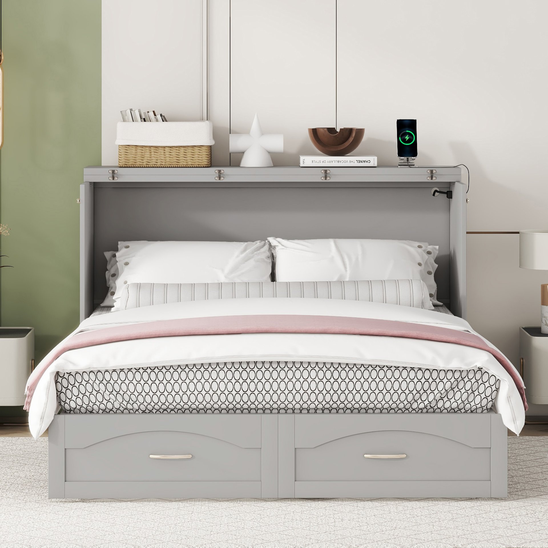 Queen Size Murphy Wall Bed With Drawer And A Set Of Sockets & USB Ports, Pulley Structure Design - Gray - Image 2