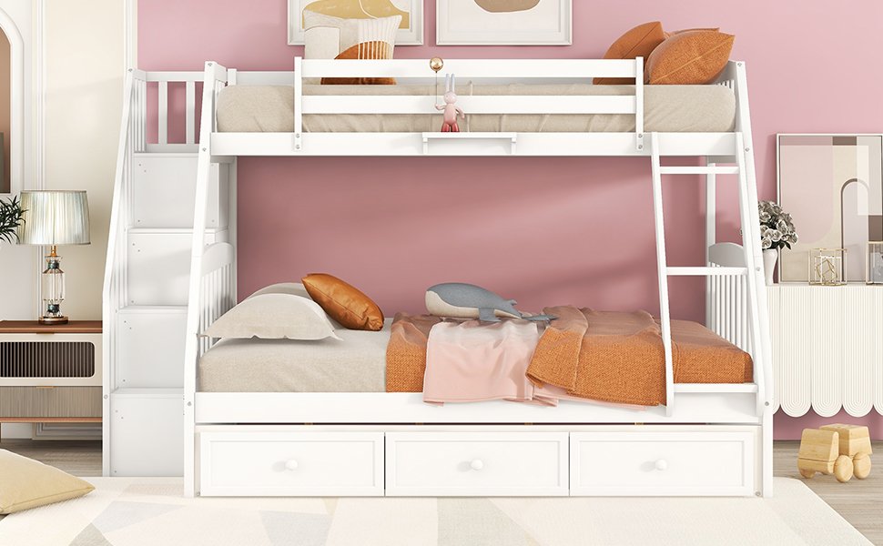 Twin Over Full Bunk Bed With Drawers, Ladder And Storage Staircase - White - Image 12