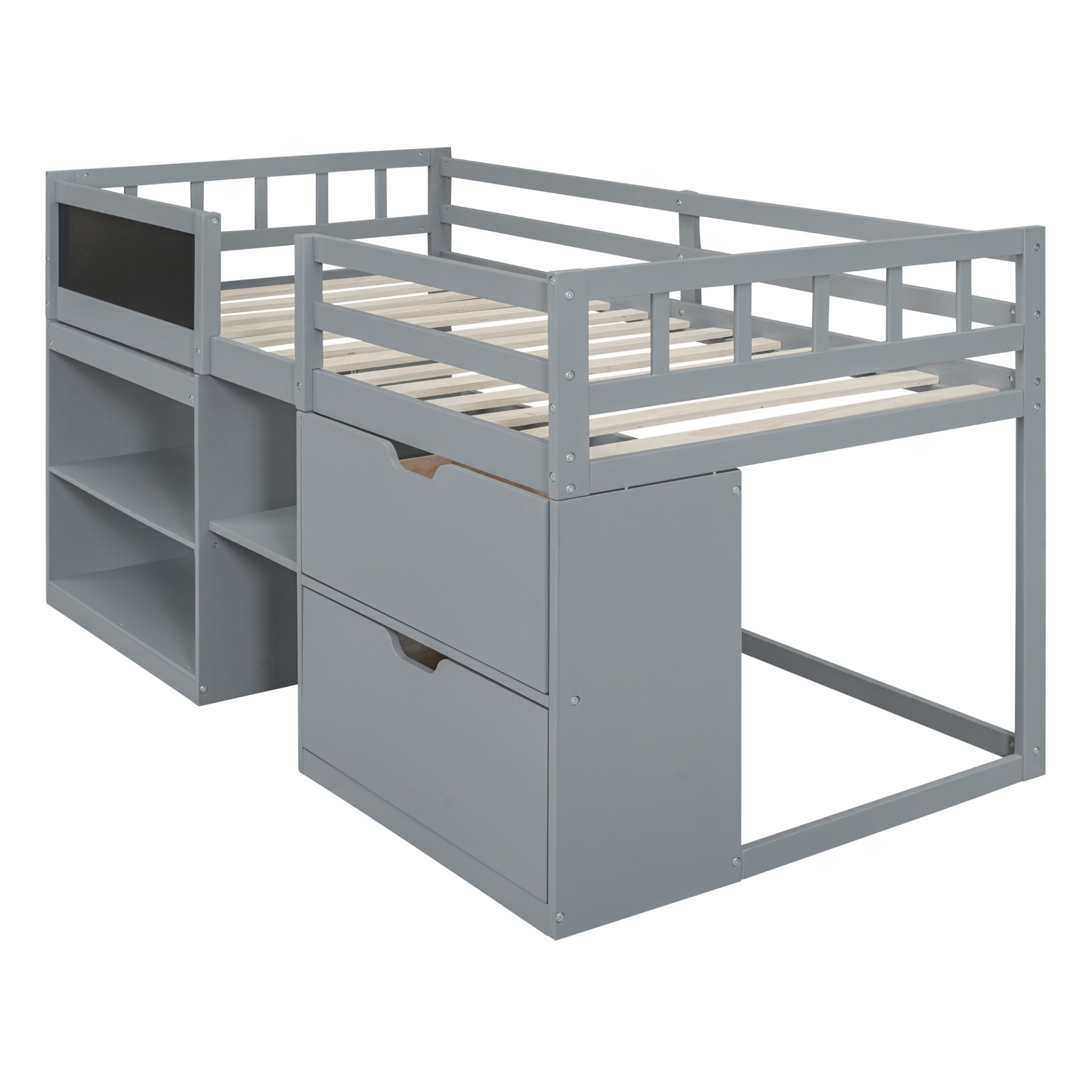 Twin Size Low Loft Bed With Rolling Desk, Shelf And Drawers - Gray - Image 8