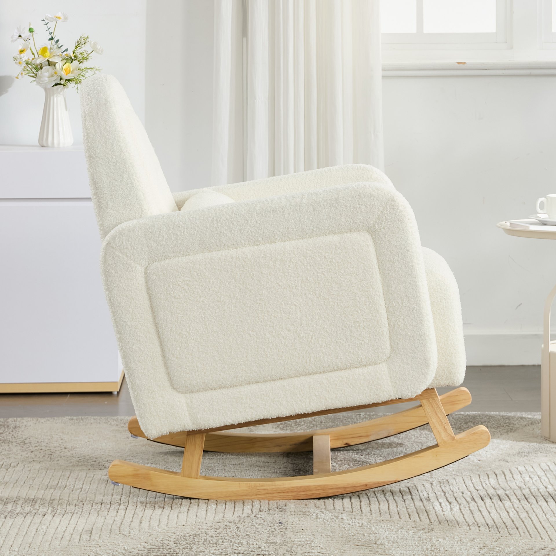 Accent Rocking Chair With Curved Back & Pillow, Base, Ultimate Comfort For Living Room Or Nursery - Cream White - Image 6