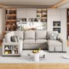 U-Shaped Sectional Sofa Pull-Out Sofa Bed With Two USB Ports, A Storage Chaise Lounge And Four Back Pillows For Living Room - Beige - Image 2