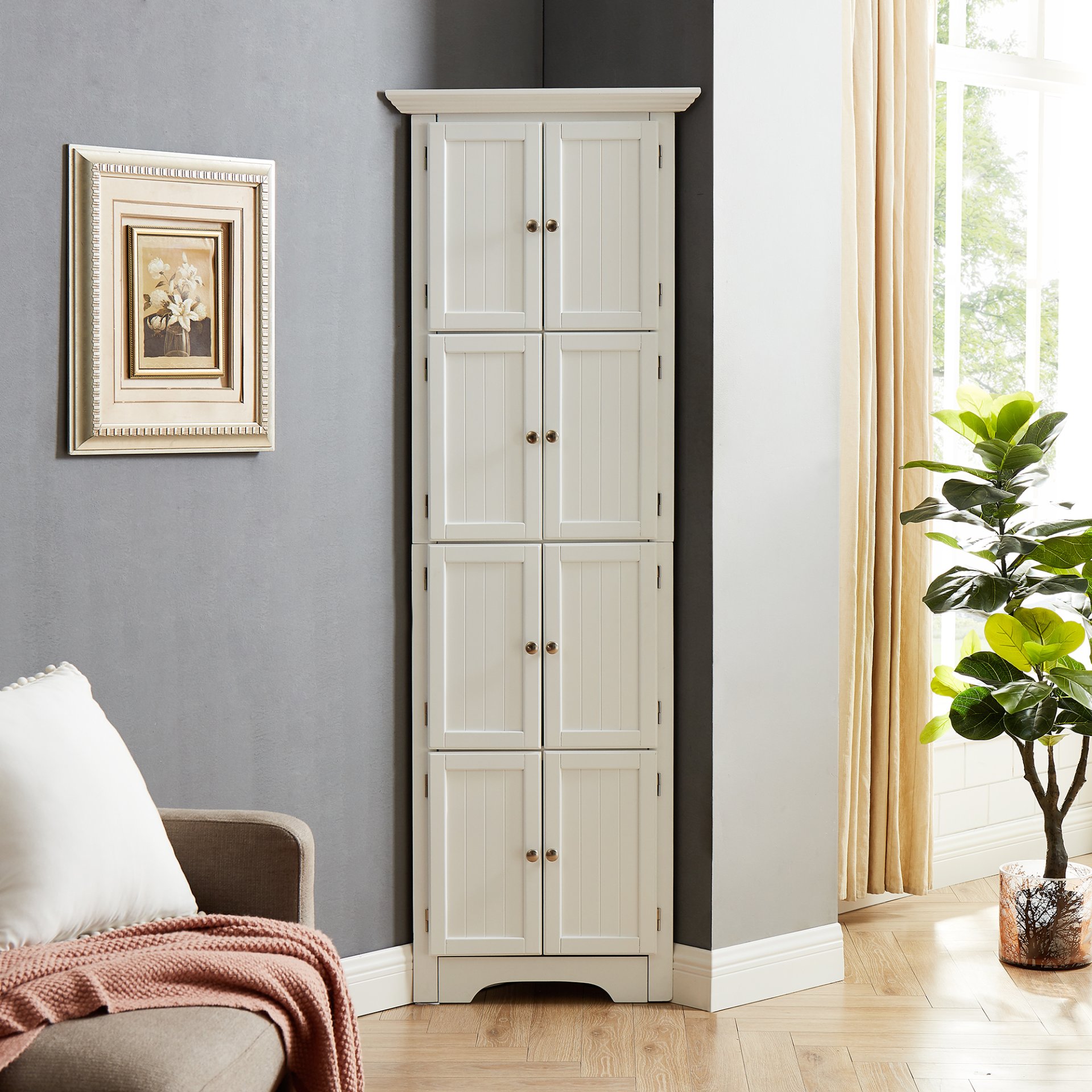 Tall Storage Cabinet With Doors And 4 Shelves For Living Room, Kitchen, Office, Bedroom, Bathroom, Modern - White - Image 2