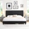 King Size Upholstered Platform Bed Frame With Linen Fabric Headboard, Wood Slat Support - Black - Image 4