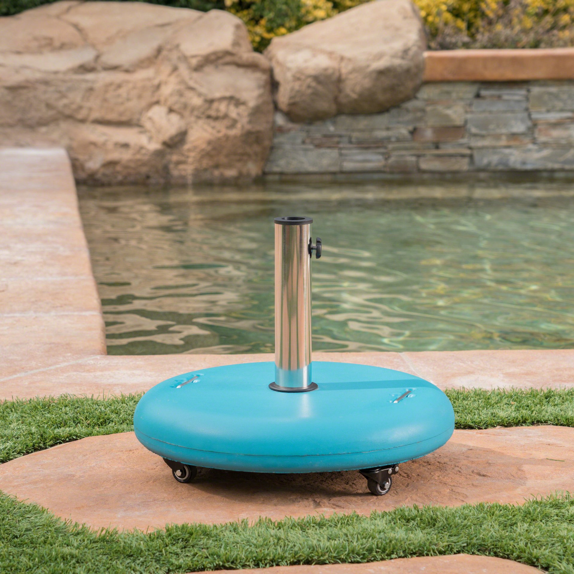 Stylish Round Wheelie - Umbrella Base With Stainless Steel Holder - Teal Concrete - Image 5