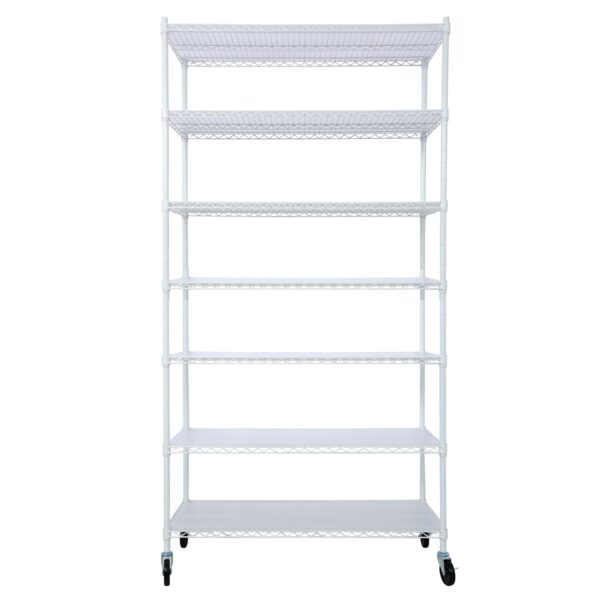 7 Tier Metal Shelf Wire Shelving Unit, 2450Lbs Heavy Duty Adjustable Storage Rack With Wheels & Shelf Liners For Closet Kitchen Garage Basement Commercial Shelving - White