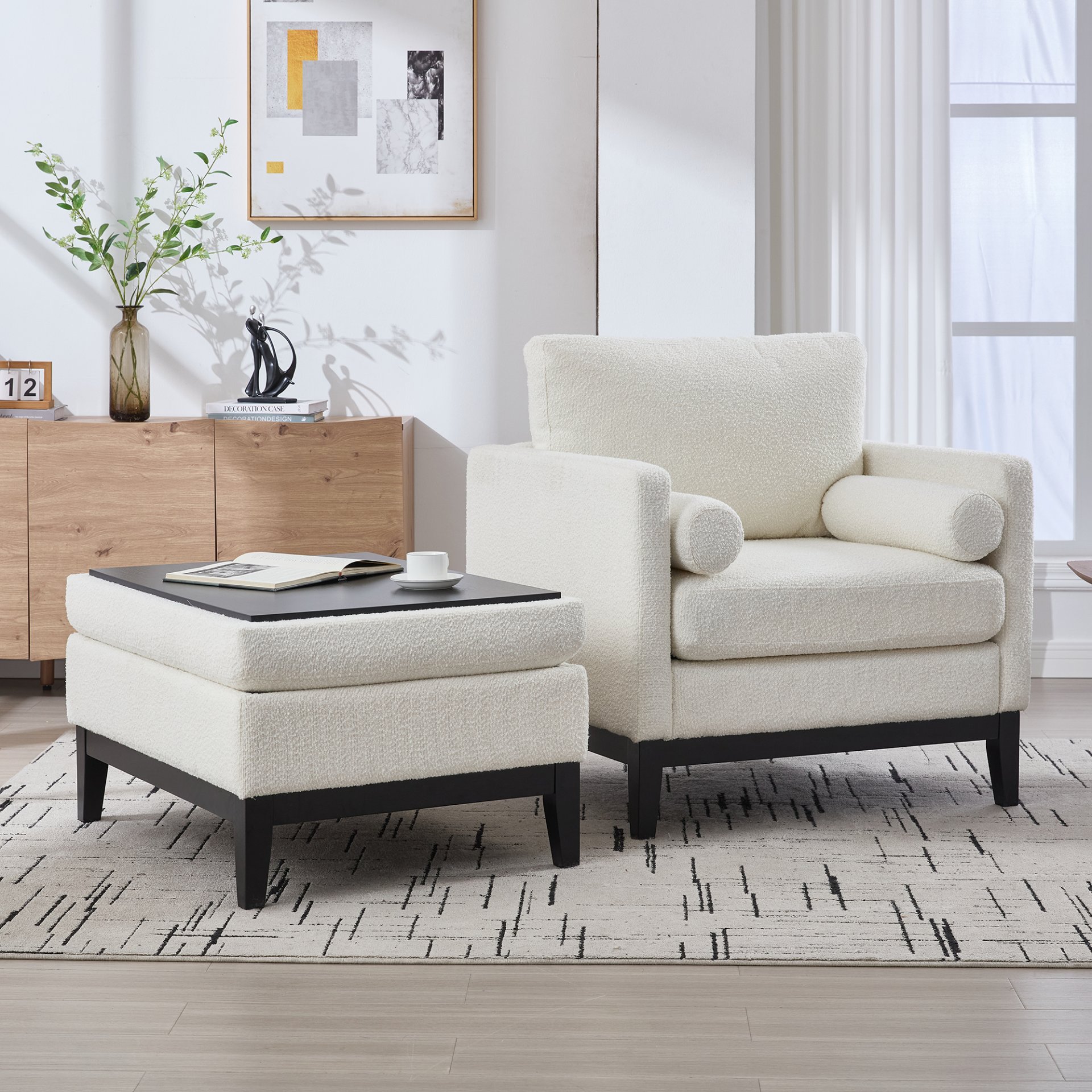 Farmhouse Upholstered Accent Chair With Ottoman, Wood Base, Reversible Lid Coffee Table For Living Room Or Office - Ivory - Image 7