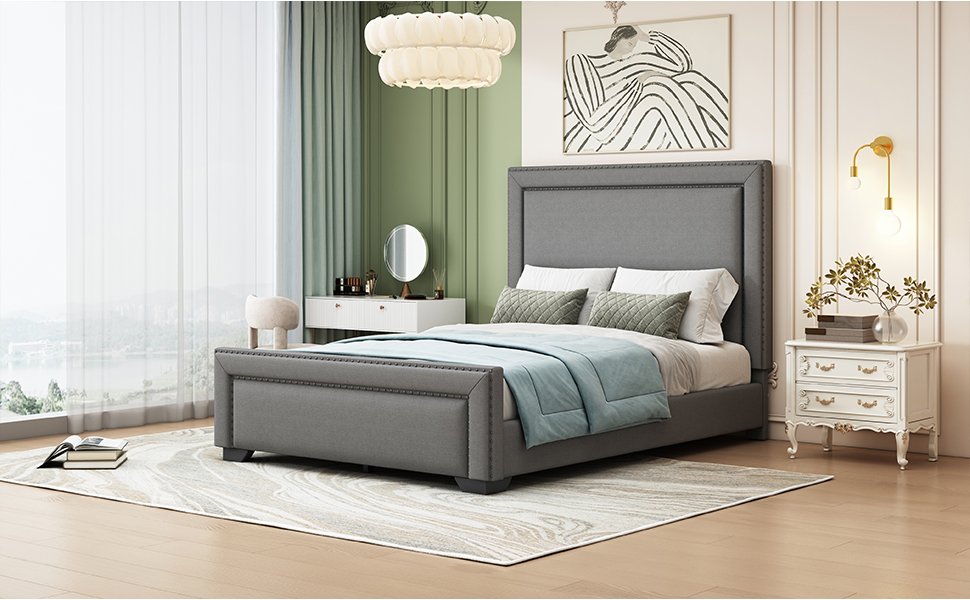 Queen Size Upholstered Bed With Slats Support, No Box Spring Needed - Gray - Image 11