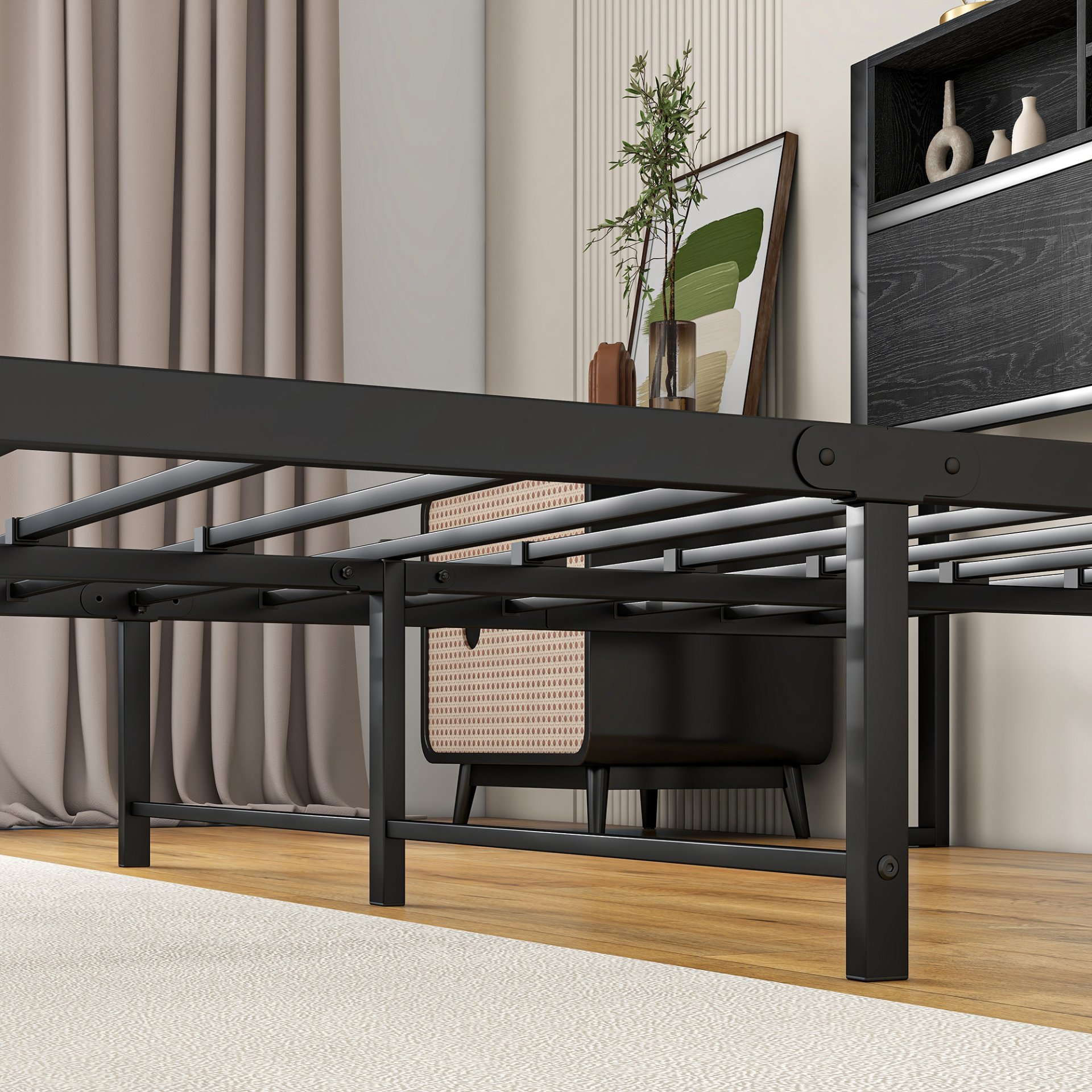 Modern Full Size Metal Platform Bed Frame With Storage Headboard And Charging Station - Black - Image 10