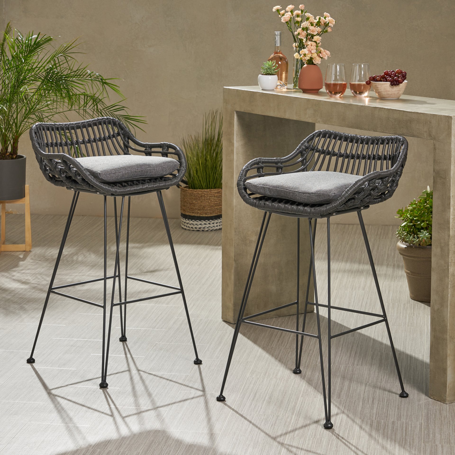 Outdoor Wicker Barstool With Cushions (Set of 2) - Gray - Image 4