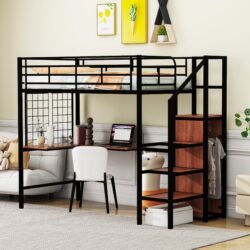 Twin Size Loft Bed With Desk And Grid, Stylish Frame With Lateral Storage Ladder And Wardrobe - Black