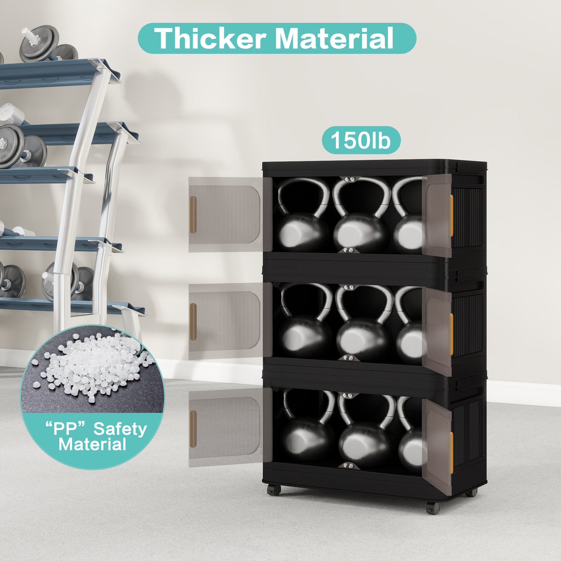 Folding Storage Cabinet 5 Tier Wide Plastic With Magnetic Doors And Wheels - Black - Image 12