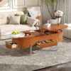 Lift Top Coffee Table With 360 Degree Marble Patterned Rotating Tray, Hidden Compartment, Partially Assembled Wooden Center Table, Modern Oval Lift Tabletop For Home Living Room - Brown - Image 3