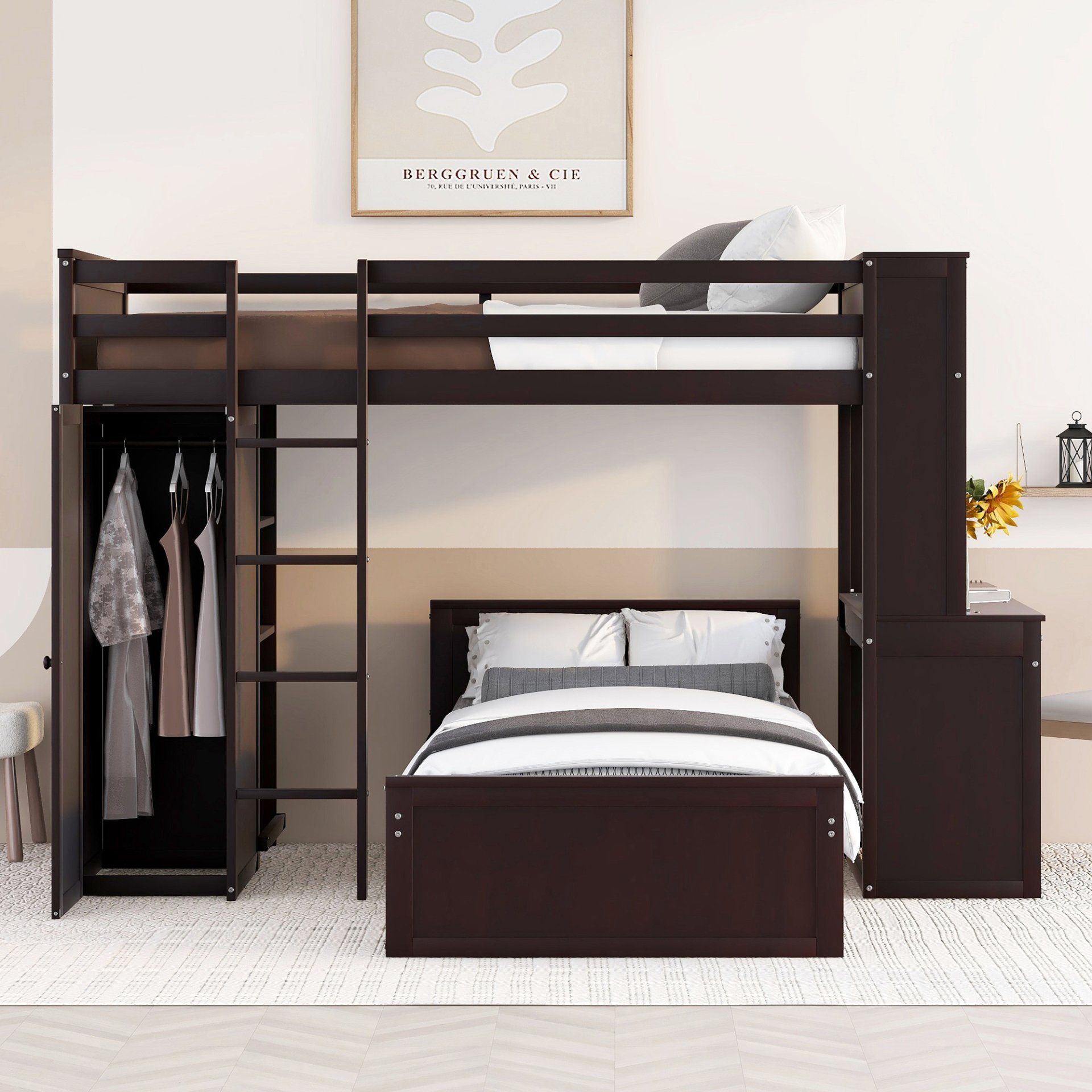 Twin Size Loft Bed With A Stand Alone Bed, Shelves, Desk, And Wardrobe - Espresso - Image 4