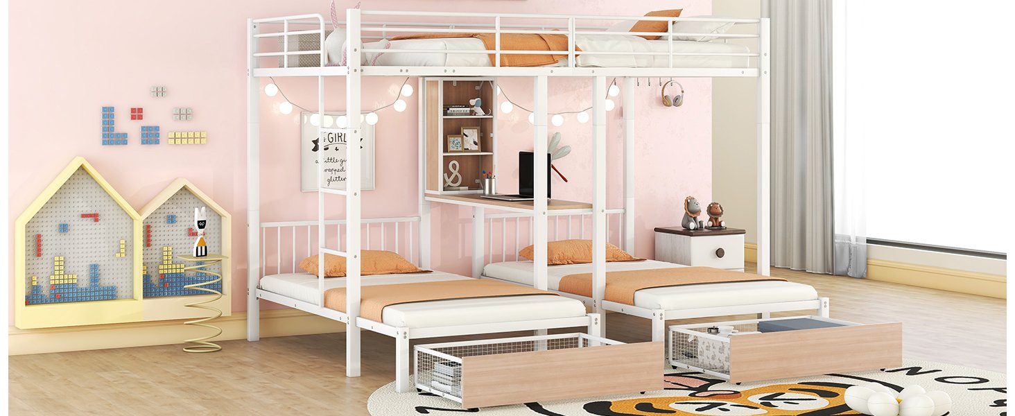 Full Over Twin & Twin Triple Bunk Bed With Drawers, Multi-Functional Frame With Desks And Shelves In The Middle - White - Image 18