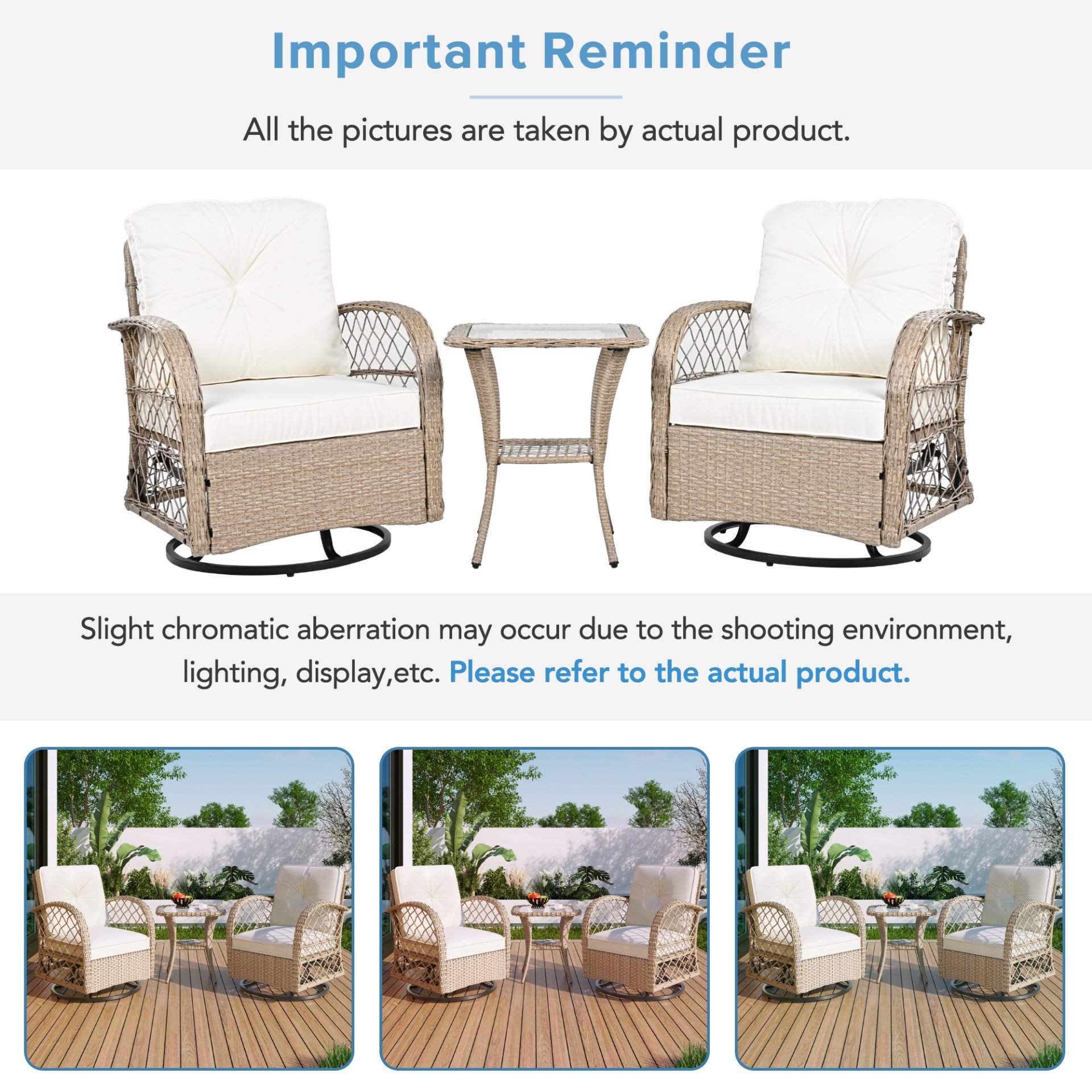 3 Piece Outdoor Chair & Table Set Chat Set 2 Person Rattan Seating Group With 2 Swiveling And Rocking Chairs And A Square Table For Garden, Patio, Or Balcony - Natural - Image 8